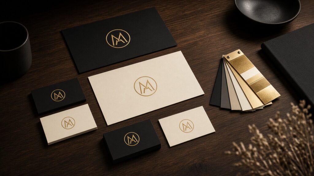 Brand board showing corporate identity colours, type and logo