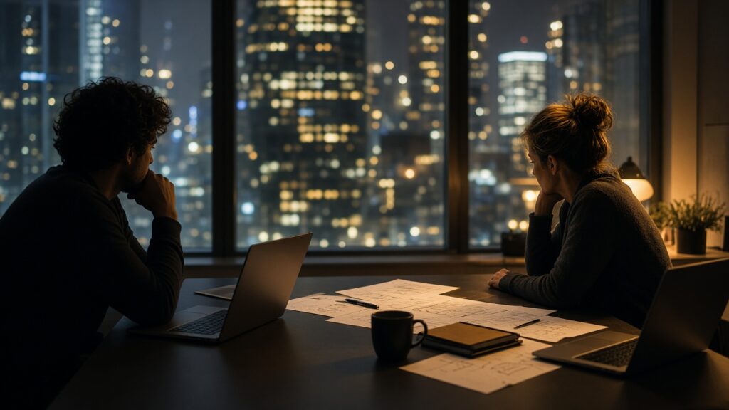 Startup team briefing a freelance studio on a bilingual website